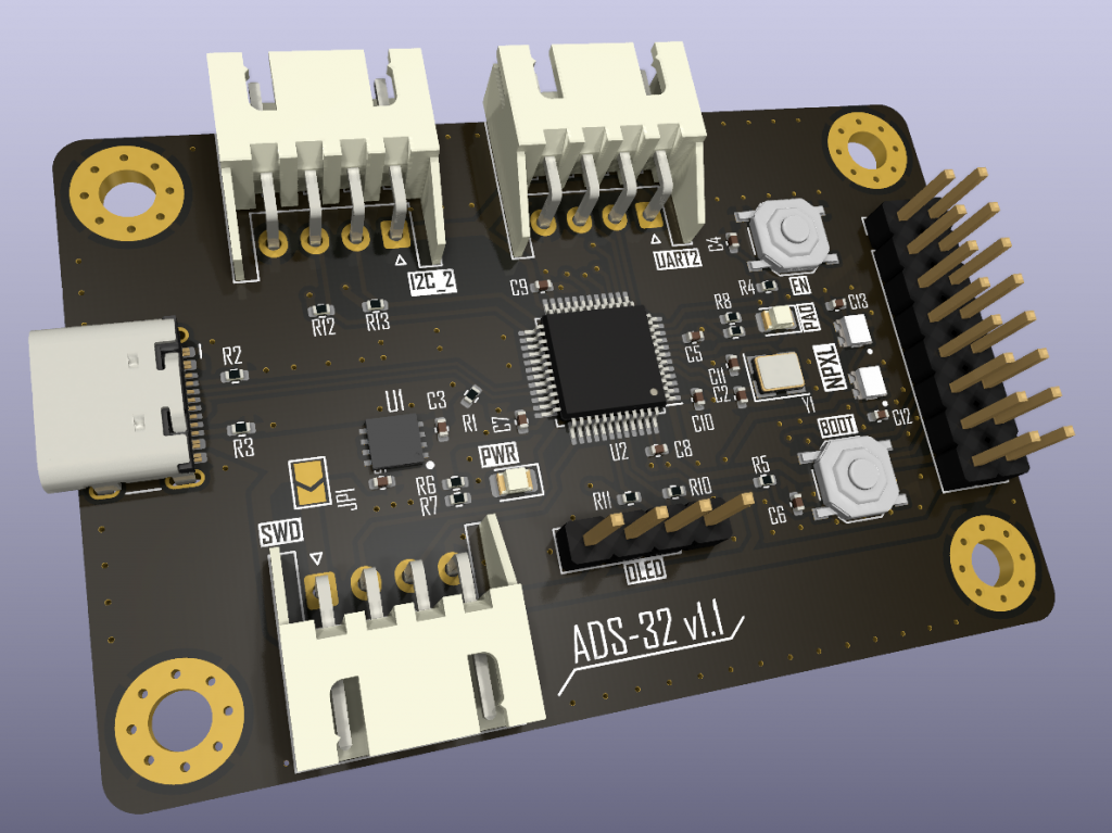 A STM-32 Based circuitboard with a USB-C connector on the left side, GPIO pins on the right and other headers on the top & bottom