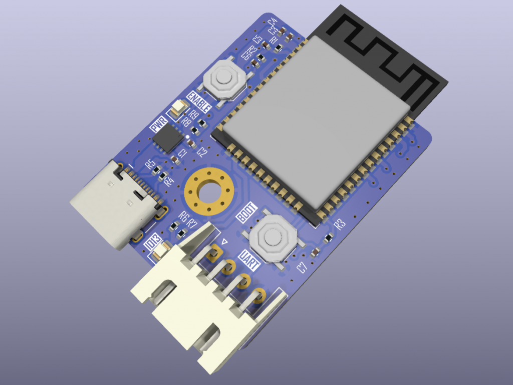 A circuitboard featuring an ESP-32 chip, USB-C port and programming header